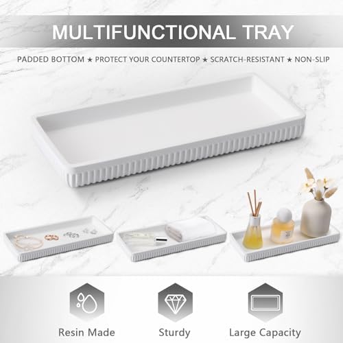 XLHOMO Resin White Bathroom Accessories Set 5 Pcs, Lotion Soap Dispenser, Toothbrush Holder, Bathroom Tumbler, Qtip Holder and Vanity Tray, Bathroom Countertop Organizer Set for Modern Home Apartment