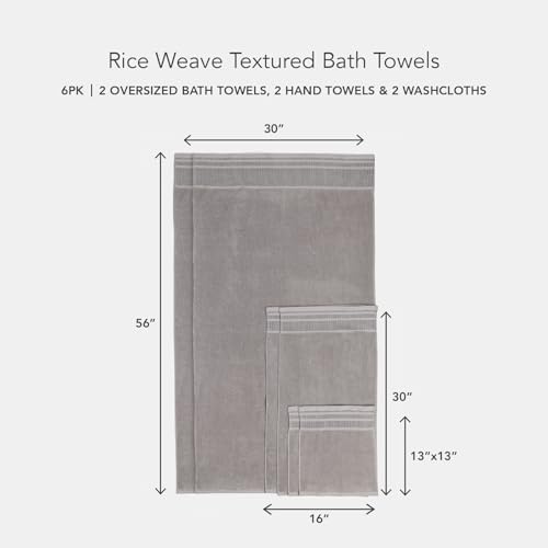 Texere 100% Organic Cotton Rice Weave Jacquard 700 GSM Luxury Bath Towel Sets - 2 Ultra Soft, Large Bath Towels, 2 Hand Towels, 2 Washcloths (Rice Weave, Cathedral Gray, 6 Piece)