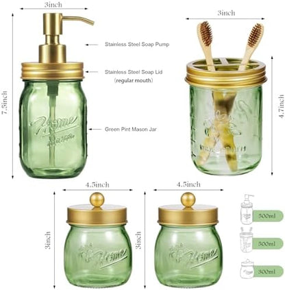 Amolliar Green Glass Bathroom Accessories Set, 4Pcs Mason Jar Bathroom Set