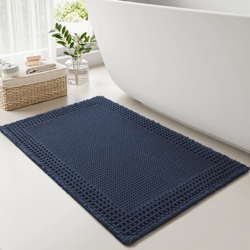 RESARE Waffle Bath Mat for Bathroom, Non Slip Bathroom Rugs 24"x36" Navy