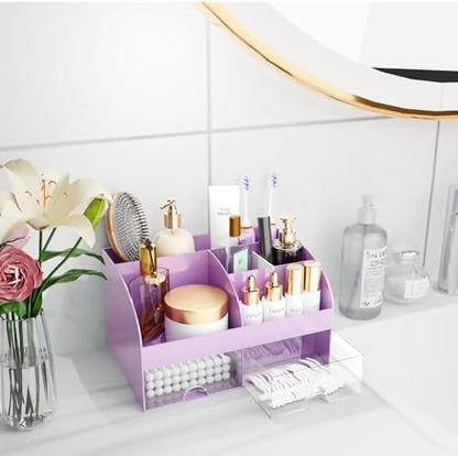 Makeup Organizer with Drawers, Cosmetic Storage for Dresser Vanity and Bathroom Countertop, Beauty Holder for Lipstick Brush, Skincare Organizer for Vanity, Cosmetic Display Case (Purple)