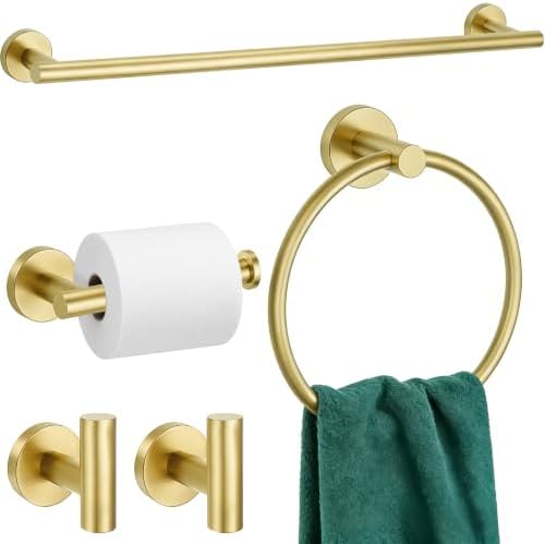 5 Pieces Bathroom Hardware Accessories Set Brushed Gold, 24Inch Bathroom Towel Rack Set SUS304 Stainless Steel, Round Toilet Paper Holder Heavy Duty, Wall Mounted