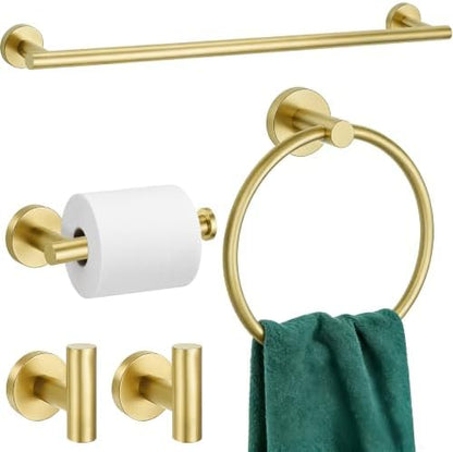 5 Pieces Bathroom Hardware Accessories Set Brushed Gold, 24Inch Bathroom Towel Rack Set SUS304 Stainless Steel, Round Toilet Paper Holder Heavy Duty, Wall Mounted