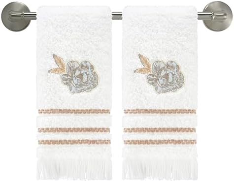 Nicole Miller – Fingertip Towels, Ringspun Cotton Terry with Embroidered Floral Detail, Striped Trim with Brush Fringe, Set of 2 (Camille)