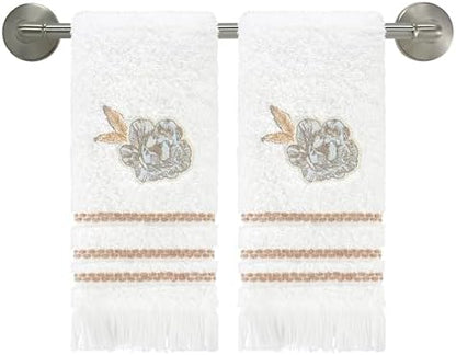 Nicole Miller – Fingertip Towels, Ringspun Cotton Terry with Embroidered Floral Detail, Striped Trim with Brush Fringe, Set of 2 (Camille)