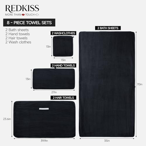 REDKISS Black Bath Towels Set 8 Piece - Microfiber Bathroom Towels of 8 Large, Highly Absorbent Bath Towel, Soft Shower Towel for Bathroom, Hotel 2 Bath Sheet 2 Hand 2 Washcloths 2 Hair Towel Wrap