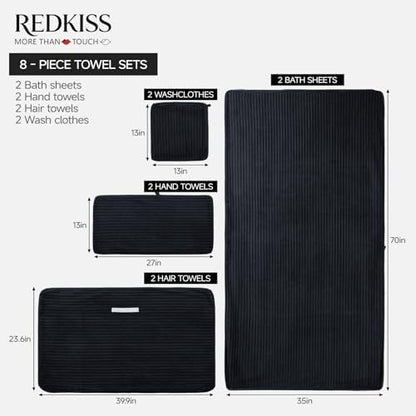 REDKISS Black Bath Towels Set 8 Piece - Microfiber Bathroom Towels of 8 Large, Highly Absorbent Bath Towel, Soft Shower Towel for Bathroom, Hotel 2 Bath Sheet 2 Hand 2 Washcloths 2 Hair Towel Wrap