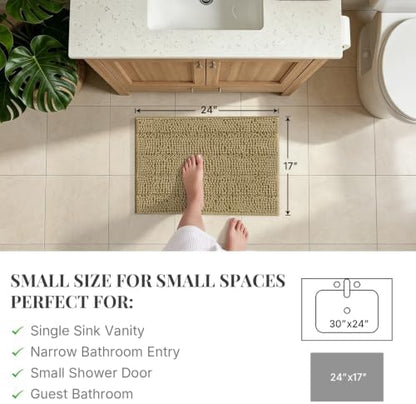 Bcoimo Small Bath Rug Mat,24x17 Chenille Non Slip Tan Bathroom Shower Mats