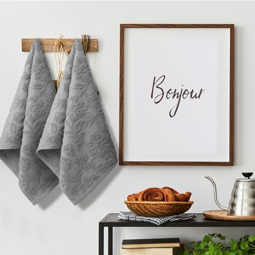 SmoothNovelty 2 Pcs Gray Floral Jacquard Hand Towels for Bathroom
