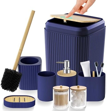 Bathroom Accessories Set - Unbreakable Navy Blue Bathroom Set, Trash Can, Toilet Brush with Holder, Soap Dispenser, Toothbrush and Toothpaste Holder, Tumbler Cup, Soap Dish, Qtip Holder, Bamboo Decor