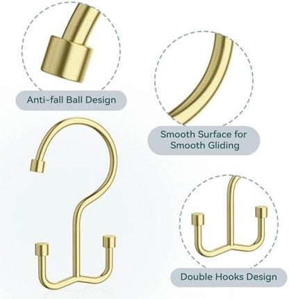 Goowin Shower Curtain Hooks, Shower Curtain Rings, Durable Gold Shower Curtain Hangers, Smooth Glide Double Hook Shower Curtain Hooks, Simple Shower Hooks for Shower Curtain, Gold, 24 Pack-Cylinders