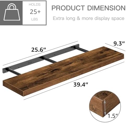 QEEIG Floating Shelves for Wall 39.4" Long - Wall Mounted Shelf Bathroom Kitchen Living Room Bedroom Farmhouse Home Decor Display Bookshelf Large 39.4 x 9.3 inch Set of 2, Rustic Brown (008-100BN)