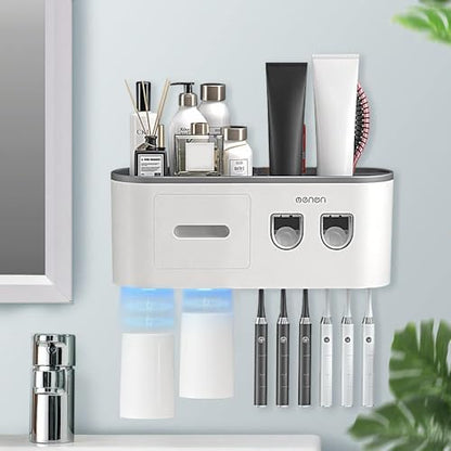 Toothbrush Holders for Bathrooms Wall Mounted, 6 Slot Toothbrush Holder with 2 Automatic Toothpaste Dispensers, 2 Magnetic Cups, Large Capacity Bathroom Organizer, Wall Storage with Drawer