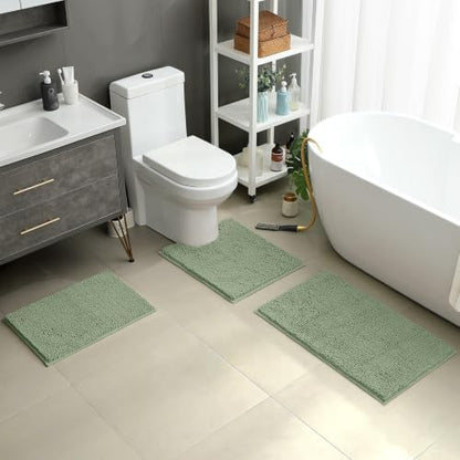 HOMEIDEAS Sage Green Chenille Bathroom Rugs Set of 3, Non Slip Bath Mat