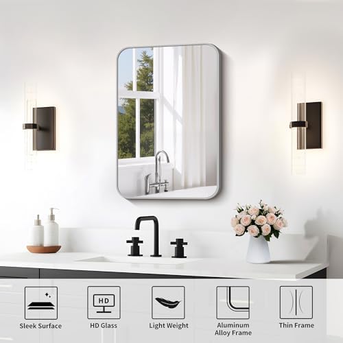 FORBATH Bathroom Mirror for Over Sink 16x24 Inch Silver, Rectanglar Wall Mirror with Metal Frame, Rounded Corners for Bathroom, Bedroom, Entryway Decor (Horizontal or Vertical)