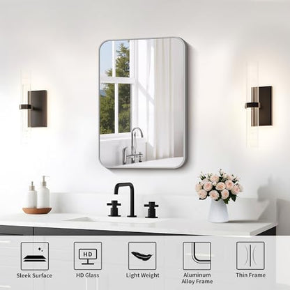 FORBATH Bathroom Mirror for Over Sink 16x24 Inch Silver, Rectanglar Wall Mirror with Metal Frame, Rounded Corners for Bathroom, Bedroom, Entryway Decor (Horizontal or Vertical)