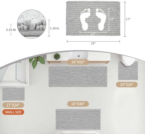 Disolla Small Bath Mat 17x24 Inch - Chenille Silver Bathroom Rug, Extra Soft Absorbent Plush Shaggy Bathmat, Non-Slip Machine Washable Floor Mat for Shower, Tub and Sink