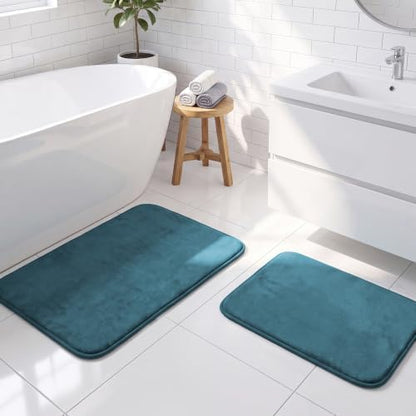 H.VERSAILTEX Bath Mat Memory Foam Set Bathroom Rug Set Flannel Velvety Bath Mat Luxury Extra Soft and Absorbent Non Slip Rugs for Bathroom/Bedroom Washable(2 Pack- 20"x 32"/ 17"x 24", Dark Teal)