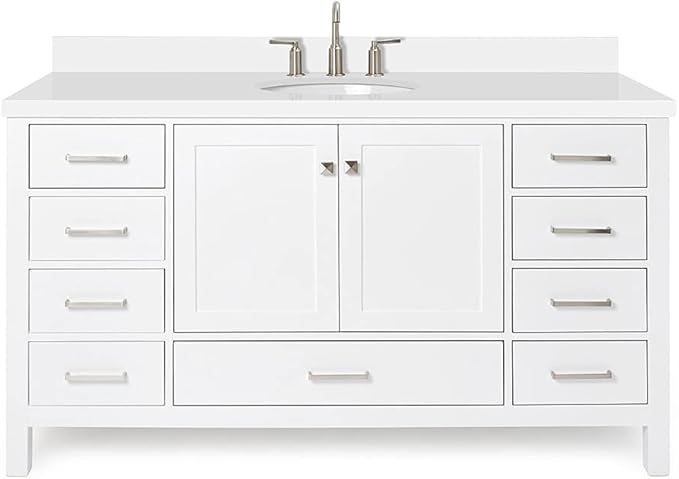 ARIEL Cambridge 60-inch Bathroom Vanity with Sink,Solid Wood, 1.5-inch Pure White Quartz Countertop & Backsplash, Single Oval Porcelain Sink, 2 Soft Closing Doors, 9 Dovetail Drawers, White