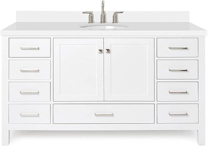 ARIEL Cambridge 60-inch Bathroom Vanity with Sink,Solid Wood, 1.5-inch Pure White Quartz Countertop & Backsplash, Single Oval Porcelain Sink, 2 Soft Closing Doors, 9 Dovetail Drawers, White