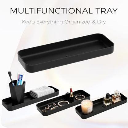Black Bathroom Accessories Set, Unbreakable Bathroom Set, Trash Can, Toilet Brush with Holder, Soap Dispenser, Toothbrush and Toothpaste Holder, Tumbler, Soap Dish, Qtip Holders, Tray, Bamboo Decor