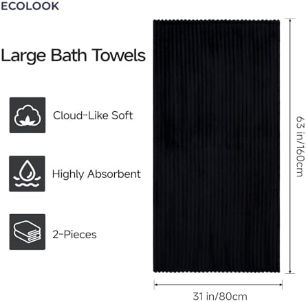 ecolook Black Bath Towel Set of 2, 31 x 63 in, Soft and Highly Absorbent, Lightweight Microfiber Towels for Bathroom, Gym, Hotel and Spa