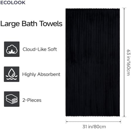 ecolook Black Bath Towel Set of 2, 31 x 63 in, Soft and Highly Absorbent, Lightweight Microfiber Towels for Bathroom, Gym, Hotel and Spa