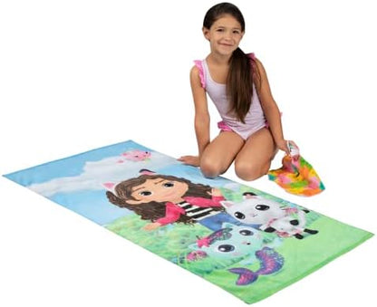 Franco Gabby's Dollhouse, Gabby, Mercat and Pandy Kids Bath/Pool/Beach Soft Absorbent Cotton Terry Towel with Washcloth 2 Piece Set, 50 in x 25 in, (Official DreamWorks Product)