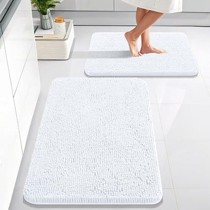 OLANLY Chenille Bathroom Rugs Mats Sets 2 Piece, 30"x20"+24"x16", White