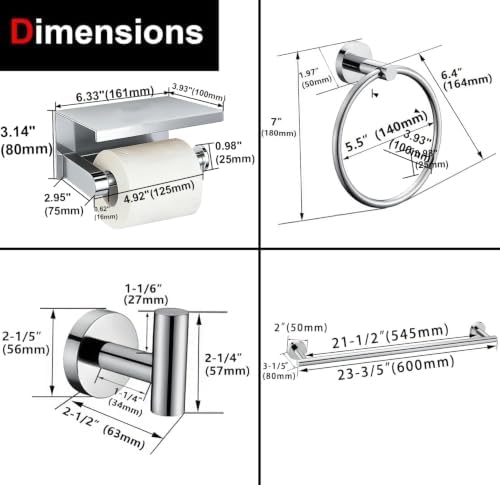 5 Pieces Polished Chrome Bathroom Hardware Accessories Set, SUS304 Stainless Steel 24 Inch Bath Towel Bar Set, Round Bathroom Towel Holder Set, Towel Racks for Bathroom Wall Mounted