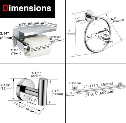 5 Pieces Polished Chrome Bathroom Hardware Accessories Set, SUS304 Stainless Steel 24 Inch Bath Towel Bar Set, Round Bathroom Towel Holder Set, Towel Racks for Bathroom Wall Mounted