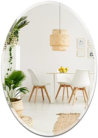 Oval Frameless Wall Mirror, 24 x 36 Inch, Beveled Edge Bathroom Mirror