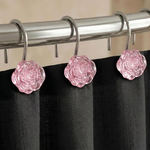 Pink Rose Shower Curtain Hooks: Cute Flower Bathroom Curtain Rings, 12Pcs