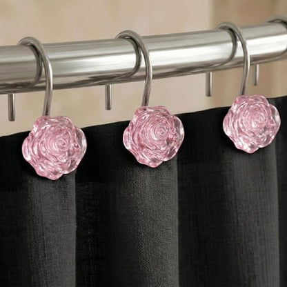 Pink Rose Shower Curtain Hooks: Cute Flower Bathroom Curtain Rings, 12Pcs