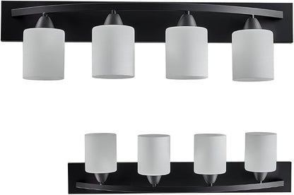 4-Light Bathroom Vanity Bar Light Fixture - Matte Black | Modern Frosted glass shades with E26 socket. Matte Wall sconce lighting perfect over mirror, kitchen, hallway, or entryway