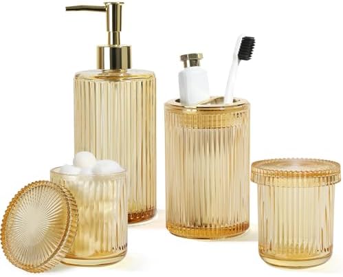 KASUNTING Gold Bathroom Accessories 4 Pcs, Gold Glass Soap Dispenser and Toothbrush Holder Set, Qtip Holder Set, Glass Bathroom Soap Dispenser Set, Yellow Orange Bathroom Decor
