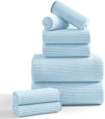 8-Piece Premium Towel Set for Bathroom|2 Oversized Large Bath Sheet,2 Hand Towels,4 Washcloths|Soft Cozy Highly Absorbent Fast Dry Microfiber Shower Towel Set for Hotel Bathroom Essentials,Blue White