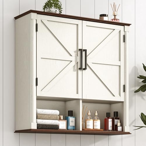 Farmhouse Bathroom Storage Cabinet,Double Wooden Bathroom Wall Cabinet with Roman Column Decor, Farmhouse Medicine Cabinets w Barn Doors,Storage Cabinets Wall Mounted for Kitchen(Rustic White)