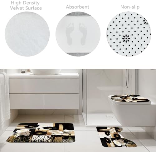 Abstract Floral Black Gold Peony 4Pcs Bathroom Shower Curtain Set with Rugs