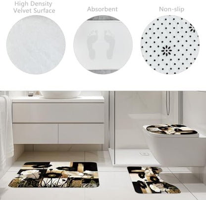 Abstract Floral Black Gold Peony 4Pcs Bathroom Shower Curtain Set with Rugs