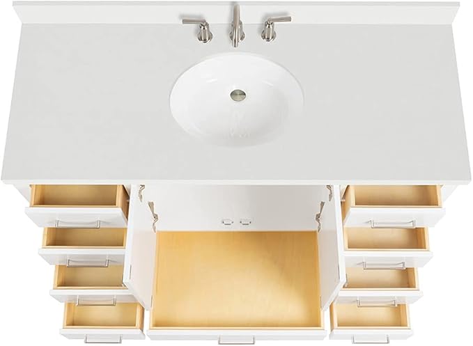 ARIEL Cambridge 54-inch Bathroom Vanity with Sink,Solid Wood, 1.5-inch Pure White Quartz Countertop & Backsplash, Single Oval Porcelain Sink, 2 Soft Closing Doors, 9 Dovetail Drawers, White