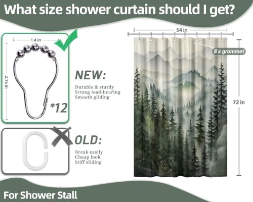 Sage Green Forest Stall Shower Curtain, 54X72 in Narrow Small, Mountain