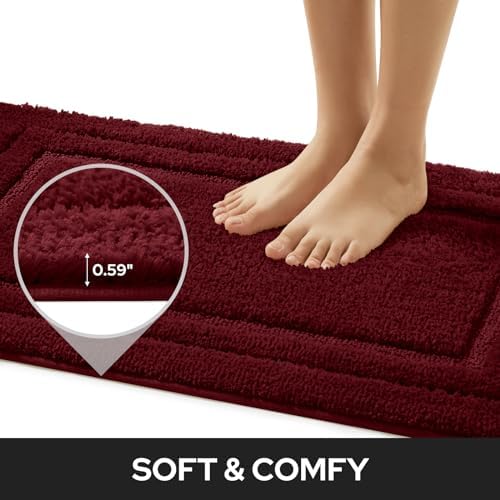 HOMEIDEAS Bathroom Rugs Sets 2 Piece, Non Slip Bath Mat Burgundy Red