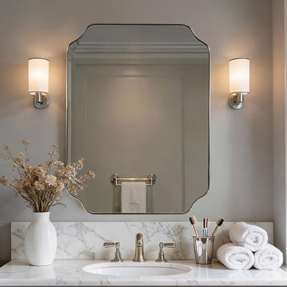 MIRRORART 24x32'' Brushed Nickel Mirror, Contemporary Scalloped Bathroom Mirrors for Wall, Rounded Notched Coner Silver Mirror in 1'' Antirust Stainless Steel Metal Frame Wall Mounted for Home Decor