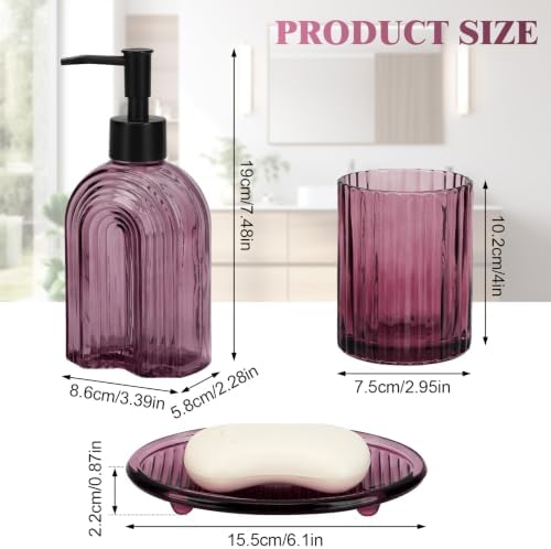 Bathroom Accessories Set, 4Pcs Glass Bathroom Accessories Set Complete, 11.6OZ Lotion Soap Dispenser, Toothbrush Holder, Mouthwash Cup, Soap Dish for Bathroom Decor, Countertop Organizer (Purple)
