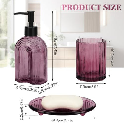 Bathroom Accessories Set, 4Pcs Glass Bathroom Accessories Set Complete, 11.6OZ Lotion Soap Dispenser, Toothbrush Holder, Mouthwash Cup, Soap Dish for Bathroom Decor, Countertop Organizer (Purple)