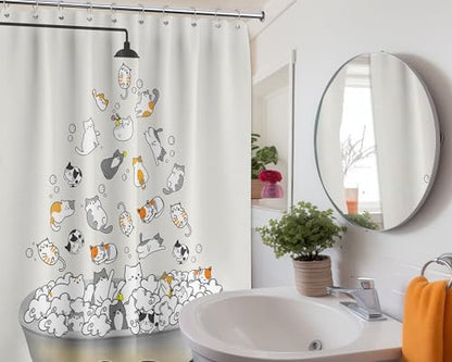 Cute Cat Shower Curtain Kids Animal Cartoon Bathroom Decor, Waterproof Cloth Fabric with Hooks 70" W x 84" L