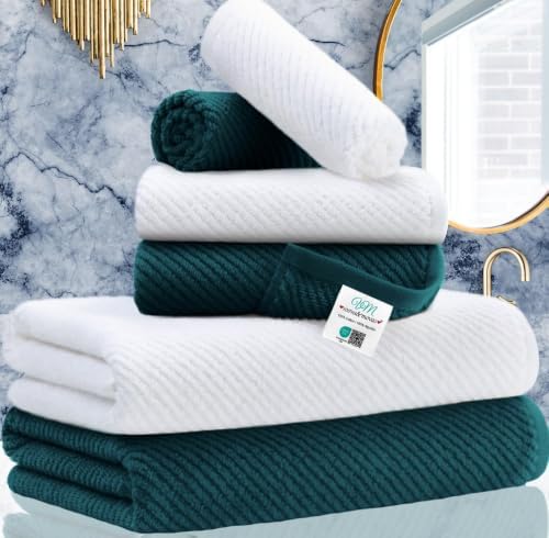 VOOVA & MOVAS 6PC Towel Set, 100% Cotton, Deep Turquoise White