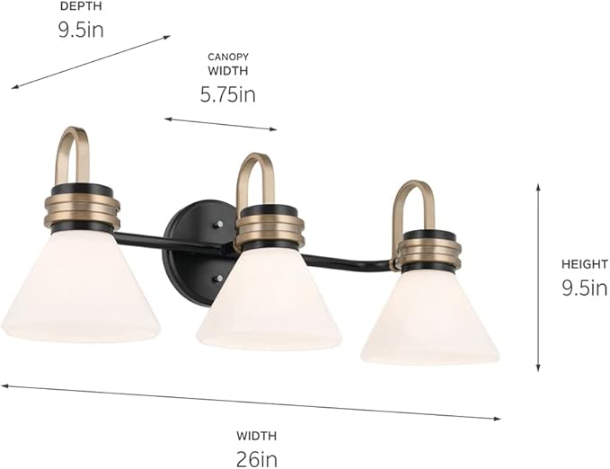 Kichler Farum 26 Inch 3 Light Vanity with Opal Glass in Black with Champagne Bronze Accents for Bathrooms and Powder Rooms, (26" W x 9.5" H x 9.5" D), 55155BK