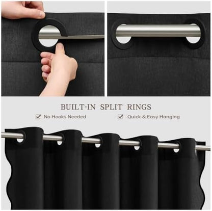Furlinic Black Scalloped Shower Curtain No Hook Fabric Waterproof 72x96